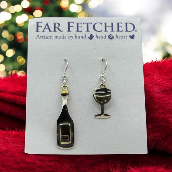 Far Fetched Wine Glass Bottle Dangle Earrings Mismatched Design Artisan Silver - Picture 3 of 5